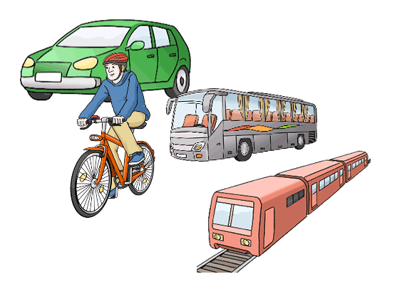 Illustration zeigt ein Auto, einen Radfahrer, einen Bus und einen Zug.