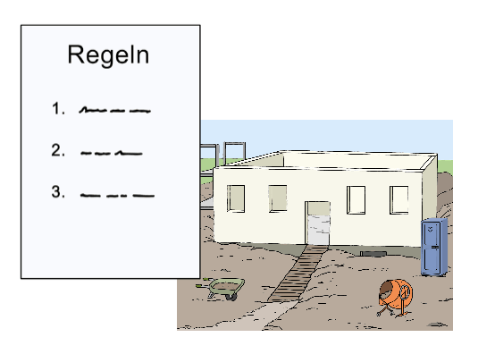 Illustration einer Haus-Baustelle sowie eines Blattes mit der Überschrift "Regeln"