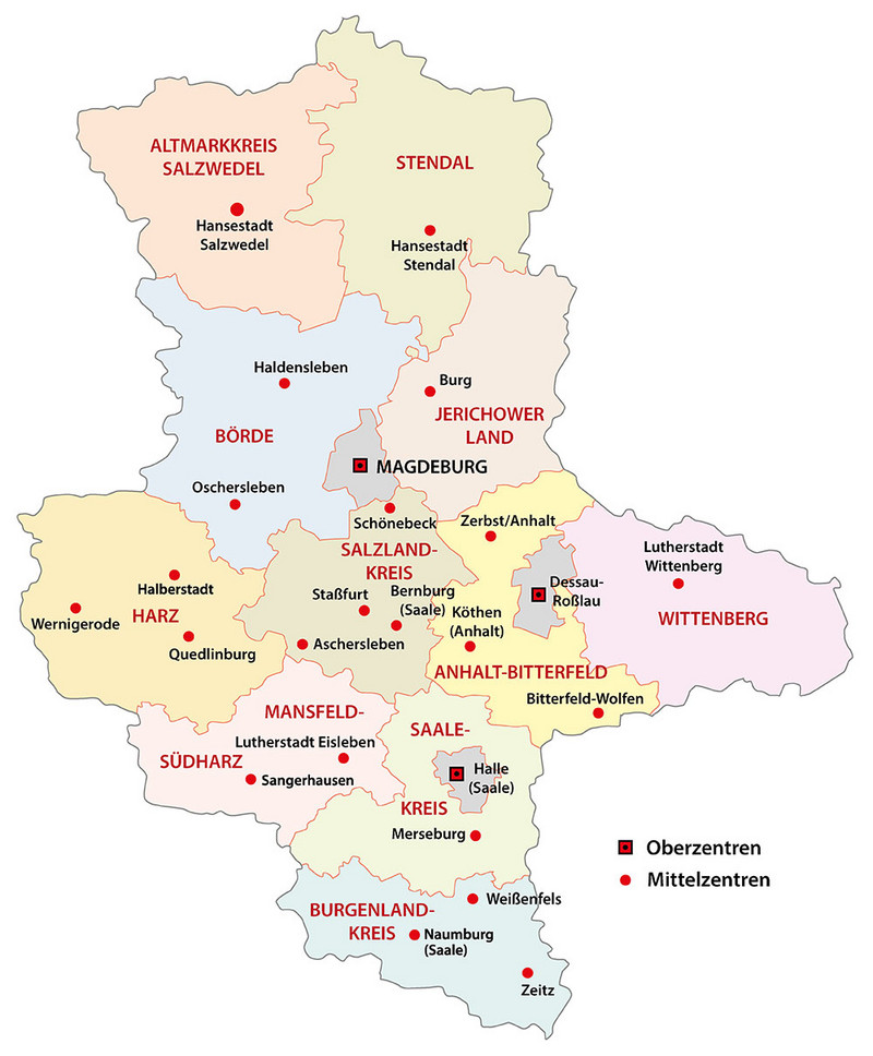 Karte: Ober- und Mittelzentren in Sachsen-Anhalt