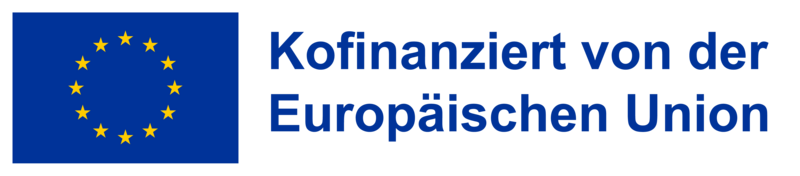 Flagge der Europäischen Union mit nebenstehenen Schriftzug "Konfinanziert von der Europäischen Union"