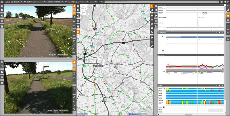 Screenshot einer Softwareanwendung mit Fotos eines Radwegs, einem Kartenausschnitt mit der Lage des Radwegs und statistischen Angaben zum Zustand des Weges.